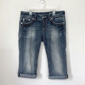 Miss Me Crop Jeans White Stitch Back Pocket Flap Bling JPS5014CR ~ Size 28